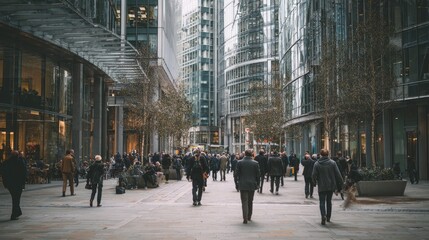 Obraz premium Office workers commuting through a bustling financial district with urban skyscrapers and a professional city environment