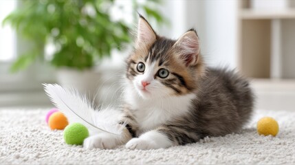Obraz premium A playful kitten rests on a soft surface, surrounded by colorful balls and a feather, exuding cuteness and curiosity.