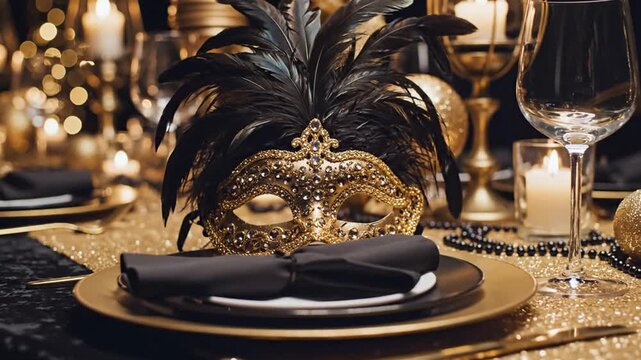 Luxurious masquerade ball table setting with golden mask and fine dining