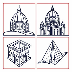 Illustrations of various architectural structures including domes and pyramids. Vector © Jahid
