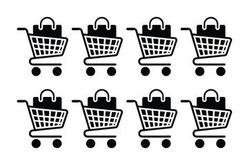 Eight Black Shopping Carts with Bags Icons on White Background
