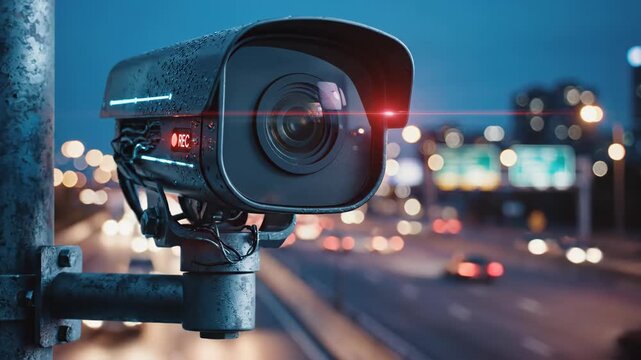 Surveillance camera mounted on pole overlooking nighttime city street. Security device activates recording light then emits red scanning beam across urban traffic and billboards.