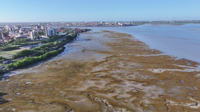 Anil River At Sao Luis In Maranhao Brazil. Nature Landscape. Mangrove Skyline. Anil River At Sao Luis In Maranhao Brazil. Low Tide Scenery. Highrise Buildings. Brazil Northeast.