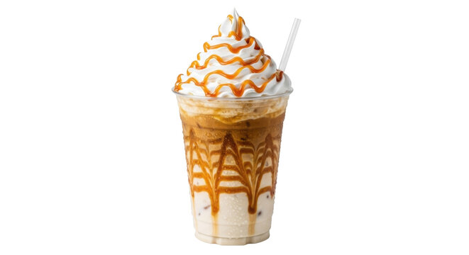 Iced caramel latte with whipped cream isolated PNG, refreshing coffee drink with caramel drizzle on transparent background