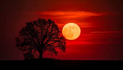 Fototapeta premium A captivating silhouette of a tree against a fiery sunset sky with the moon. The image exudes a sense of tranquility and the beauty of nature