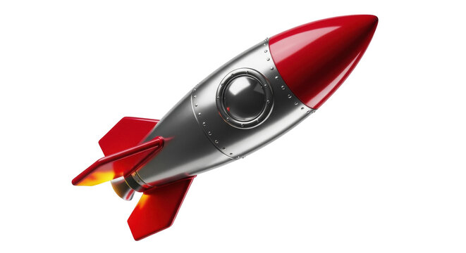 Shiny silver and red rocket ship PNG isolated on transparent background, retro space vehicle for science and technology concepts