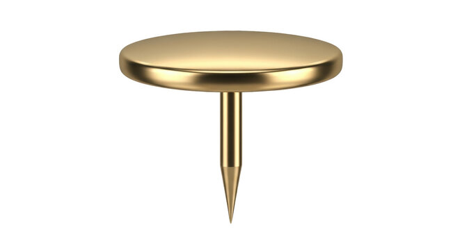 Gold push pin isolated PNG on transparent background, thumbtack for office and school supplies, bulletin board and notice board