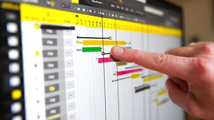 Close up of hand interacting with a computer screen displaying a project timeline