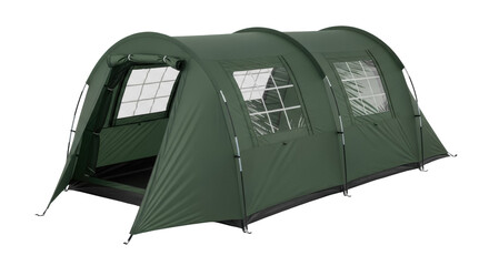 Green tunnel tent isolated PNG, camping shelter with windows on transparent background for outdoor adventure and family vacations © Jn