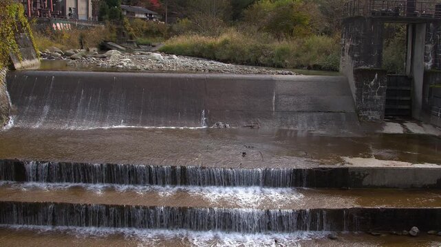 Low autumn water level at Araragi River weir below Tsumago power stn