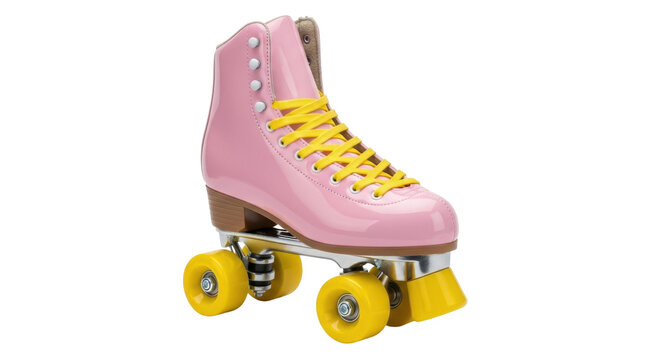 Pink roller skate isolated PNG, retro quad skate with yellow laces for skating rink or outdoor recreation on transparent background