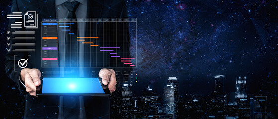 A project management dashboard for business. The interface features a Gantt chart to visualize the project timeline, task scheduling, and overall progress for efficient workflow. Fermion