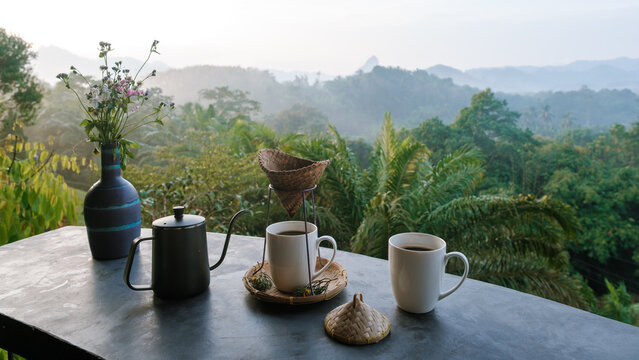 Enjoying morning coffee with breathtaking views in Phanom, Surat Thani, Thailand