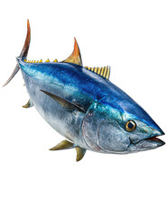 Sleek, blue-scaled tuna with yellow fins, isolated against a black background