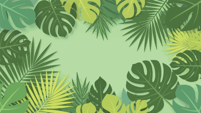 Tropical green background with various lush palm and monstera leaves arranged in a circular pattern.