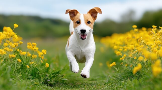 A happy dog runs through a field of bright yellow flowers, capturing a joyful moment in a natural setting.
