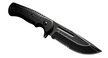 Black tactical knife isolated PNG, survival tool with serrated edge for camping, hunting, and outdoor activities on transparent background