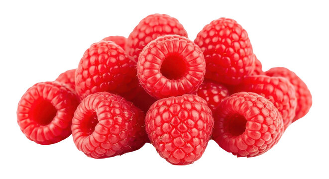 Pile of fresh raspberries isolated PNG on transparent background, vibrant red fruit with juicy texture for healthy eating and summer designs