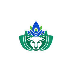 Obraz premium Stylized white feline face with blue and green floral crown