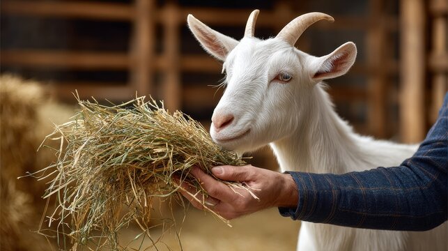 A close-up of a white goat eating hay from a person's hand in a rustic setting, showcasing the bond between animals and humans.