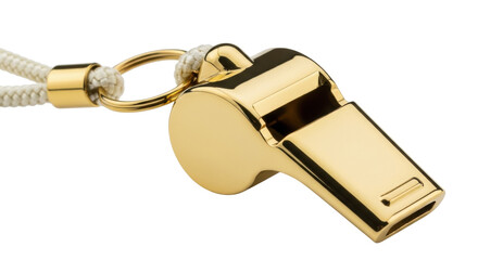 Shiny golden whistle PNG isolated on transparent background, sports equipment for referees and coaches, emergency signal