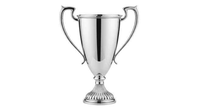 Shiny silver trophy cup isolated PNG on transparent background, award prize for sports competition and achievement celebration