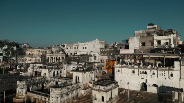 A cinematic dolly push in shot of Pandit Phoolchand in Pushkar, Rajasthan.