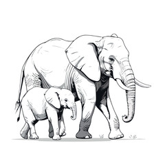 Mother and Baby Elephant Walking Together &ndash; Black and White Line Art Illustration