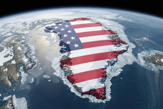 Grenland on globe from space covered with american flag