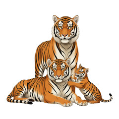 Obraz premium Royal Bengal tiger family with mother father and cubs realistic wildlife vector illustration isolated on white background