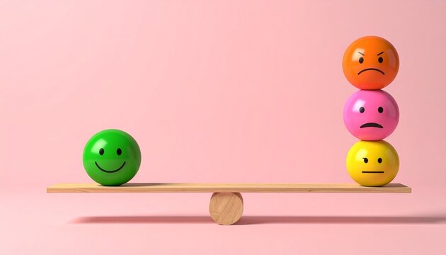 Smiling green ball outweighs sad colorful group on seesaw, symbol of positivity over negativity.