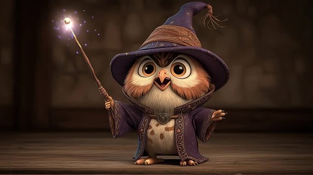 Cute cartoon wizard owl casting magic spell