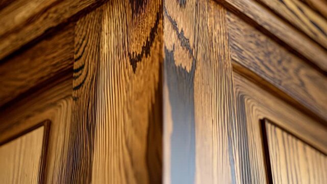 Close-Up of Wooden Corner Trim Showcasing Rich Grain Patterns and Intricate Textures in Warm Tones with Soft Light