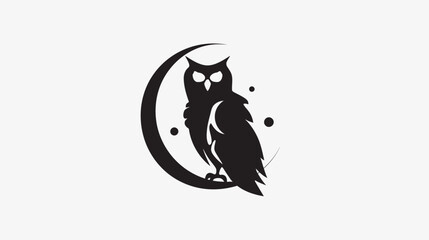 Obraz premium Silhouette owl perched on crescent moon against white background
