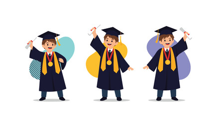 Three young happy boys wearing graduation caps and dark blue gowns celebrate their academic achievement by holding up their diplomas.