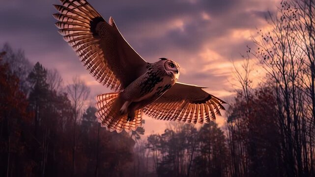 Majestic Owl in Flight Against Dramatic Sunset Sky