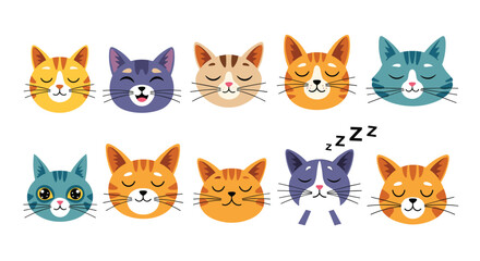 Fototapeta premium Set of ten colorful cartoon cat heads with various facial expressions and colors ranging from orange and purple to blue and tan.