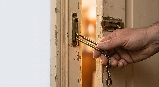 Hand unhooking door chain lock, letting help in