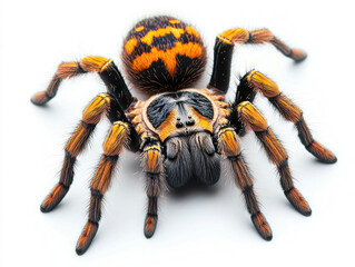 A striking spider featuring vibrant orange and black patterns displays its intricate features. The creature is positioned on a clean white surface, showcasing its unique colors.