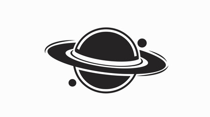 Black and white planet illustration with rings and orbiting objects
