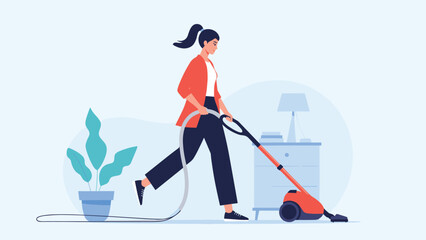 Obraz premium Young woman in casual clothing uses a vacuum cleaner to tidy up her living room near a potted plant and a small white nightstand.