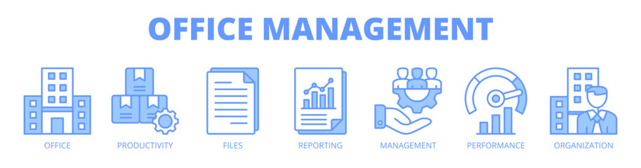 Office management web banner icon vector illustration concept for workplace organization with icon of office, productivity, files, reporting, management, performance, and organization.