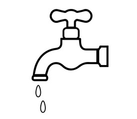 plumber's faucet with a drop of water, black outline, icon, isolate, on a white background,