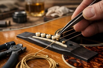 Fototapeta premium Guitar String Installation Process Close-Up: Luthier Using Tweezers to Secure New Strings on Acoustic Instrument