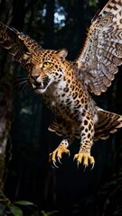 Obraz premium Majestic Flying Jaguar With Wings In Dense Jungle – Fierce Predator Aerial Attack During Dawn Light