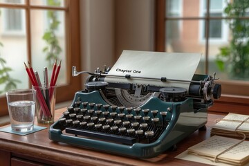 Vintage typewriter writing Chapter One on parchment paper beside pencils water glass wooden desk window light