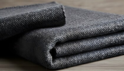 Stack of folded gray wool blankets on wooden surface