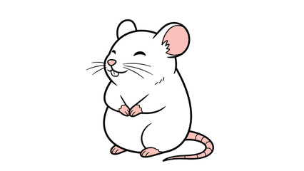 Fototapeta premium Clean line art illustration of a cute white mouse with pink ears and tail sitting in a friendly and happy pose on a white background.