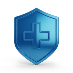 Fototapeta premium Shiny blue metallic shield icon with a prominent white cross symbol, representing security, protection, health, and medical safety on a clean white background.