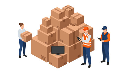 Three logistics workers manage a large pile of cardboard boxes, with a woman carrying a package and two men tracking inventory using a clipboard and tablet in a detailed isometric illustration